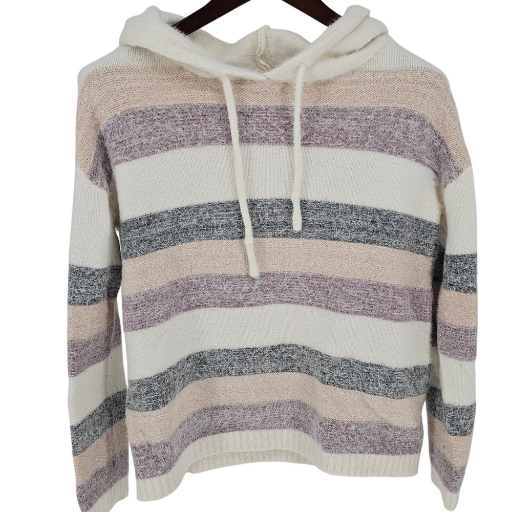 Fate Striped Knit Hoodie Sweater Womens Medium Beige Purple Gray Casual Soft